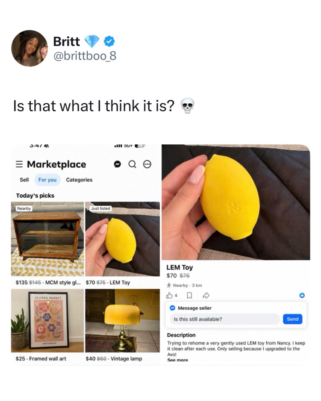 X post showing a Marketplace listing for a used LEM toy at seventy dollars
